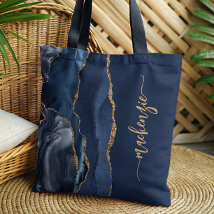 Tote Bag Signature Personnalisée Bleu Nuit Agate Or
