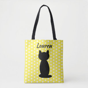 Tote Bag Silhouette de chat noir personnalisé à pois 