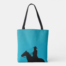 Silhouette de cow-boy et de cheval sur fond turquo