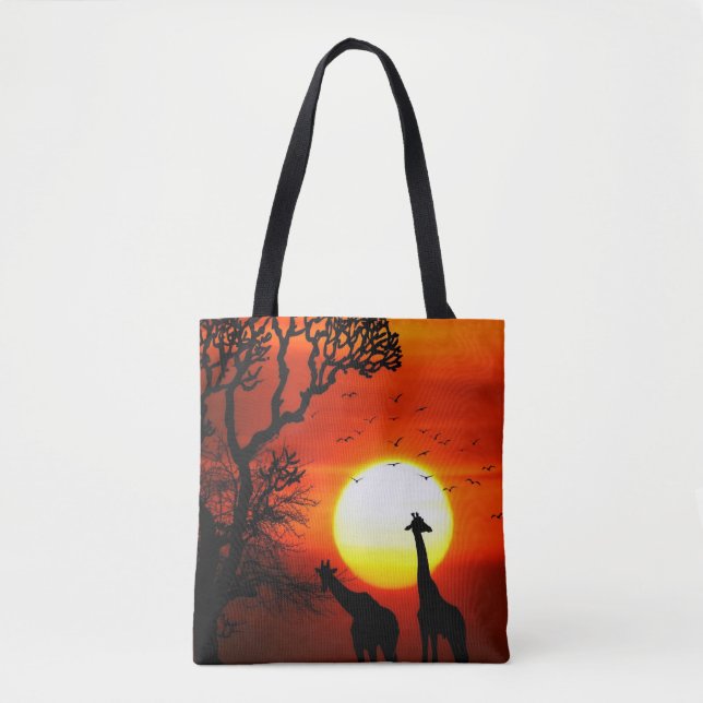 Tote Bag Silhouettes africaines de girafe de coucher du (Devant)