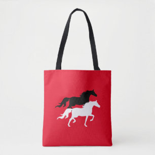 Tote Bag Silhouettes de cheval noir et blanc sur rouge