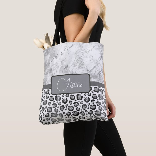 Tote Bag Silver Marble Glittery Silver Leopard Personnalisé (De près)