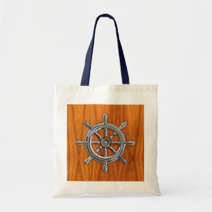 Tote Bag Silver Nautical Wheel on Teak Veneer Print