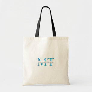Tote Bag Simple Black Aqua Blue Monogram Nom du script