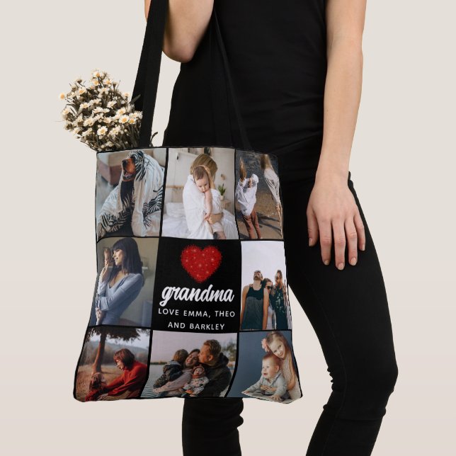 Tote Bag Simple Chic Red Heart 8 Photo Collage grand-mère (De près)