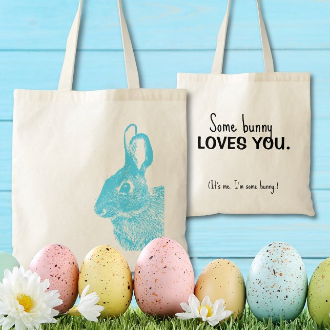 Tote Bag Simple lapin bleu de Pâques minimal (Blue rabbit "some bunny loves you" stamped bunny bag is a cute alternative to a basket)