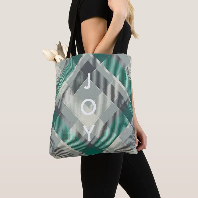 Tote Bag Simple moderne Joyeux Noël vert Plaid (De près)