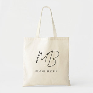 Tote Bag Simple Noir Minimaliste Deux Monogrammes Nom