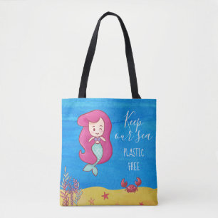 Tote Bag Sirène de dessin avec crabe garder le plastique ma
