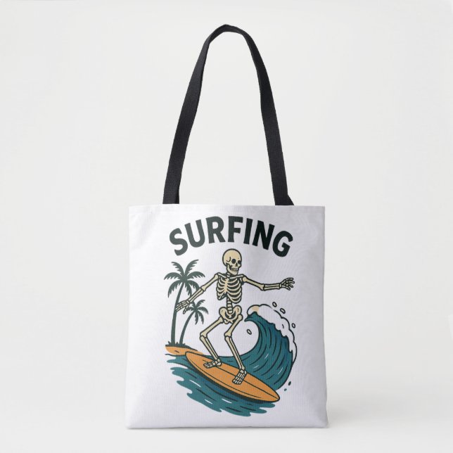 Tote Bag Skeleton Surfing Retro Beach Wave Design (Devant)