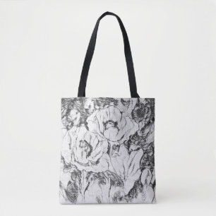 Tote Bag Sketched Pen Drawn poppies flowers floral whi