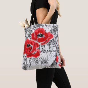 Tote Bag Sketched pen hand drawn red poppies flowers floral