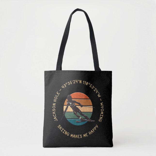 Tote Bag Ski Jackson Hole, Wyoming - Femme Skier Sur Noir (Devant)