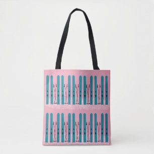 Tote Bag Skis blues sur arrière - plan rose