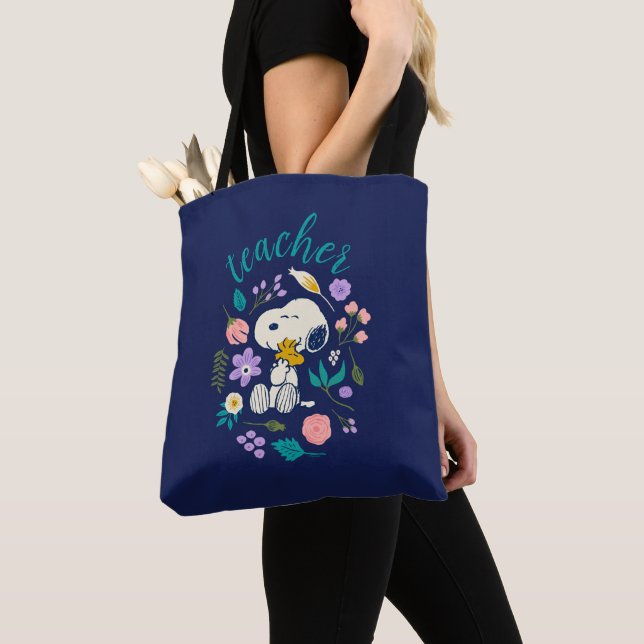 Tote Bag Snoopy & Woodstock Flower Hug Teacher (De près)