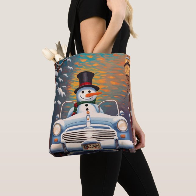 Tote Bag Snowman in a convertible car (De près)