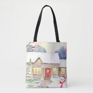 Tote Bag Snowy Cottage Watercolor Painting