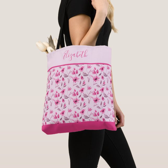 Tote Bag Soirée de mariage personnalisée rose floral (De près)