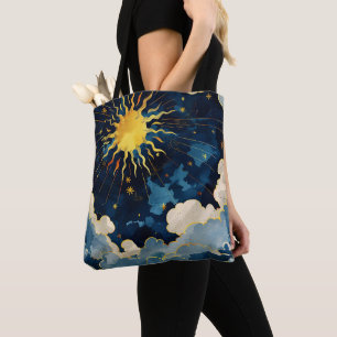 Tote Bag Soleil céleste moderne, étoiles et nuages bleus