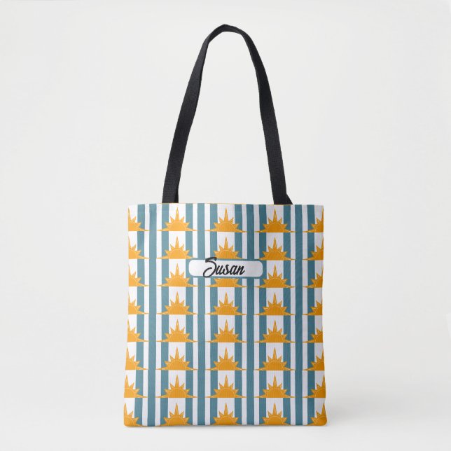 Tote Bag Soleil orange jaune sur bandes Turquoises (Devant)