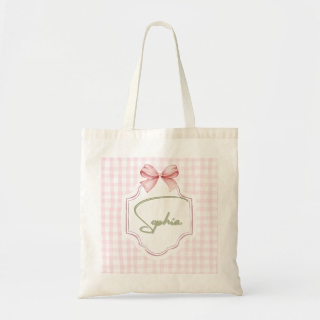 Tote Bag Sophia Personnalisé Pink Bow & En vichy Imprimer (Devant)