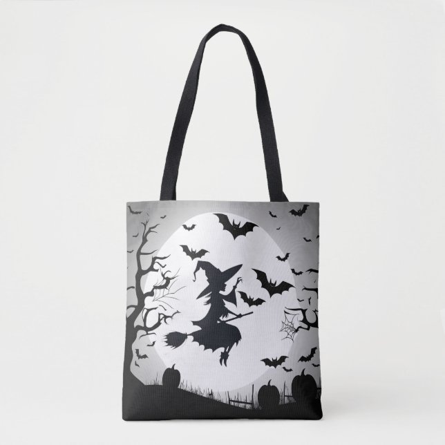 Tote Bag Sorcière avec chauves-souris drôle thème Halloween (Devant)