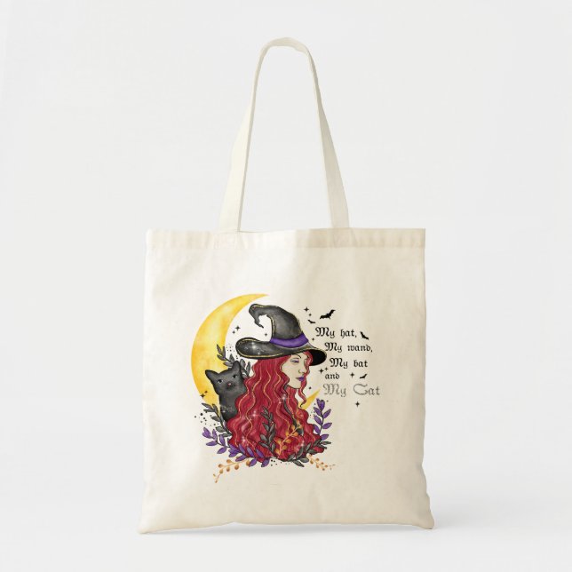 Tote Bag Sorcière, chat noir et lune de croissant (Devant)