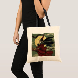Tote Bag Sorcière de Halloween vintage chevauchant un balai