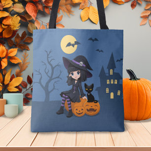 Tote Bag Sorcière d'Halloween, chat noir et citrouilles inc