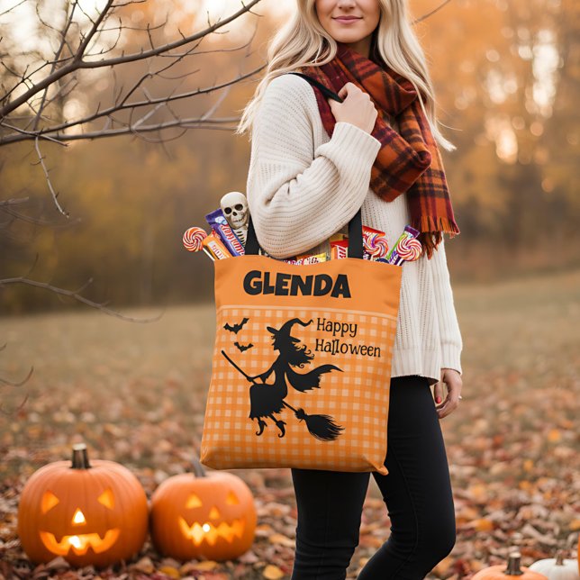 Tote Bag Sorcière d'Halloween & Chauves-souris Orange Plaid (Créateur téléchargé)