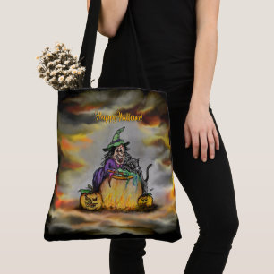 Tote Bag Sorcière et chat noir, Happy Halloween !