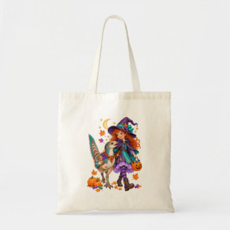 Tote Bag Sorcière fille et Kulindadromeus Halloween Trick-o