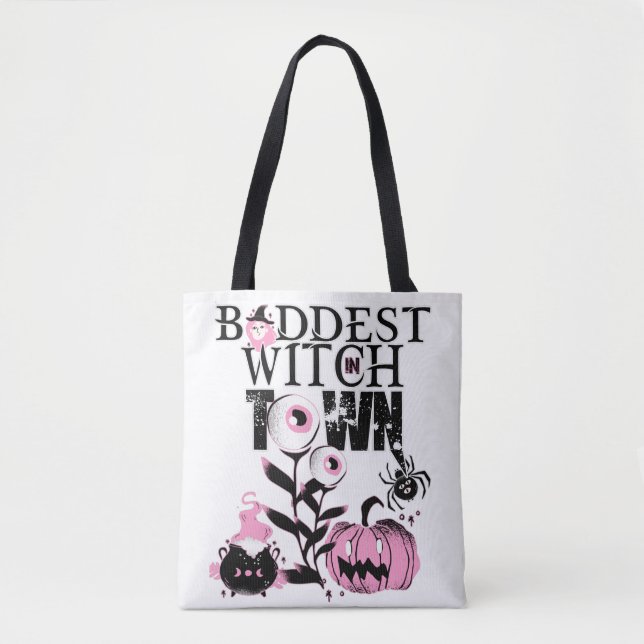 Tote Bag Sorcière la plus triste en ville Halloween rose et (Devant)