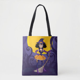 Tote Bag Sorcière lunatique avec le manche à balai et l