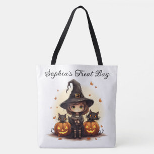Tote Bag Sorcière mignonne avec chats noirs et Citrouille