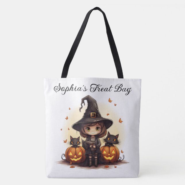 Tote Bag Sorcière mignonne avec chats noirs et Citrouille (Devant)