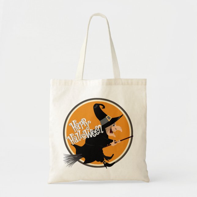 Tote Bag Sorcière sur Broom Halloween (Devant)