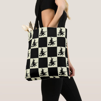 Tote Bag Sorcière volante à carreaux noirs et jaunes