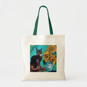 TOTE BAG SOUCHES AVEC CHAT NOIR EN TURQUOISE BLEUE