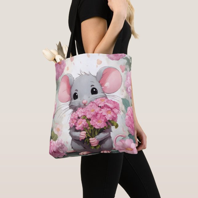 Tote Bag Souris Avec Bouquet De Fleur Rose (De près)