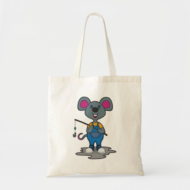Tote Bag Souris comme Fisher avec une baguette de pêche (Devant)