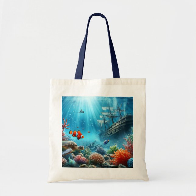 Tote Bag Sous la mer, tortue, corail, bateau, poisson clown (Devant)