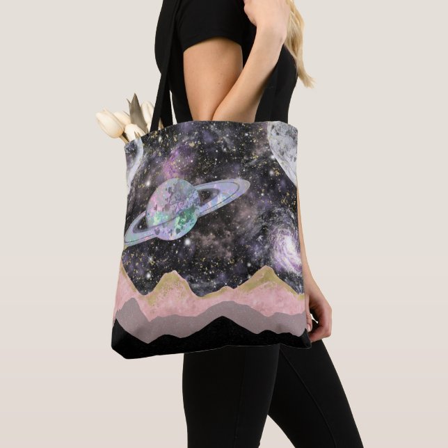 Tote Bag Space Mountains Gold Starry Sky Galaxy Planètes (De près)