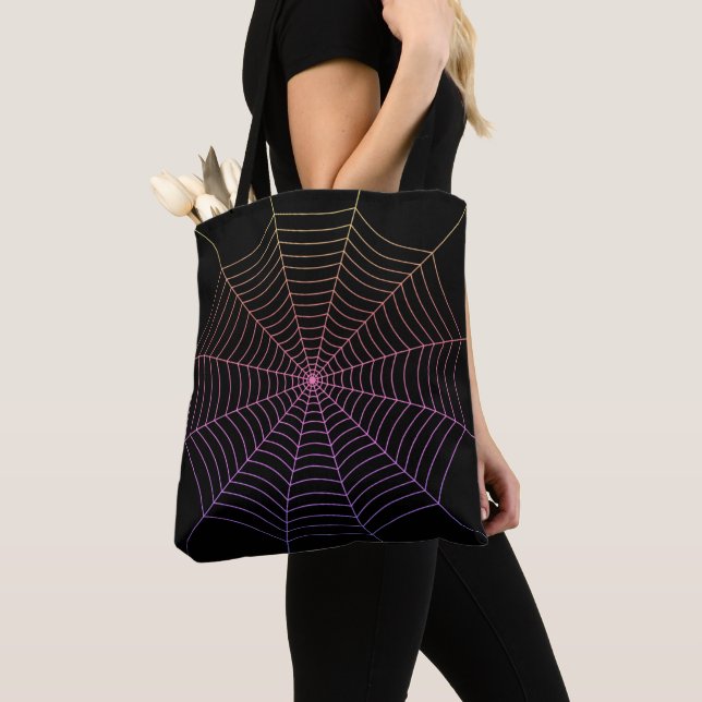 Tote Bag Spider web noir violet orange motif Halloween (De près)