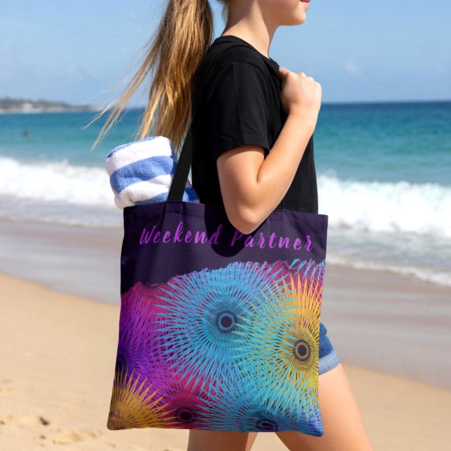 Tote Bag Spirale Géométrique Colorée (Weekend vibes tote brings color to the beach. custom text.)