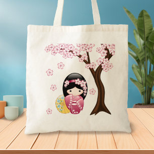 Tote Bag Spring Kokeshi Doll - Cute Japanese Geisha Girl