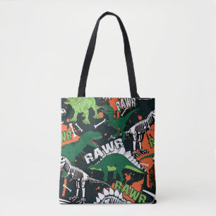 Tote Bag Squelette de dinosaure. Motif de grunge vintage