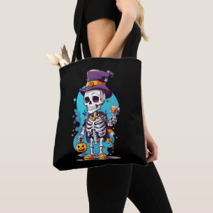 Tote Bag Squelette drôle d'Halloween portant un chapeau hau