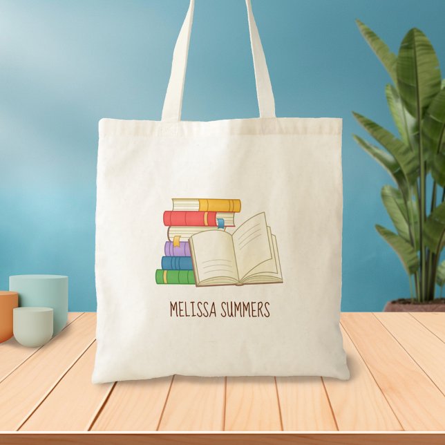 Tote Bag Stack de livres et Open Book Nom personnalisé (Créateur téléchargé)