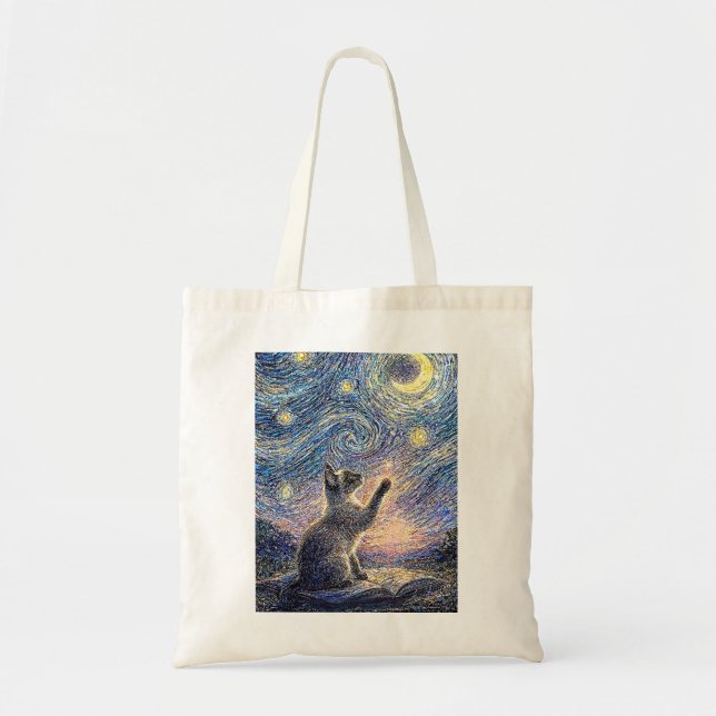 Tote Bag Starry Night Cat – Van Gogh Style Art  (Devant)